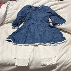 Tommy Bahama 4t set Blue Denim Dress with White capri eyelet Leggings euc